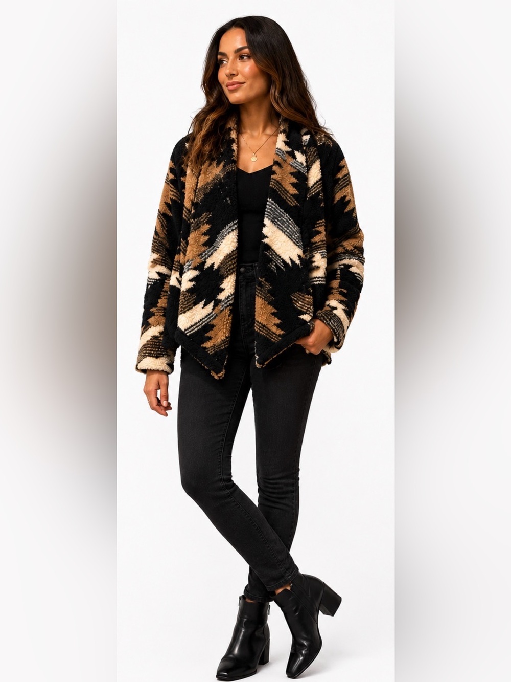 Cozy Patterned Teddy Jacket in Black & Tan